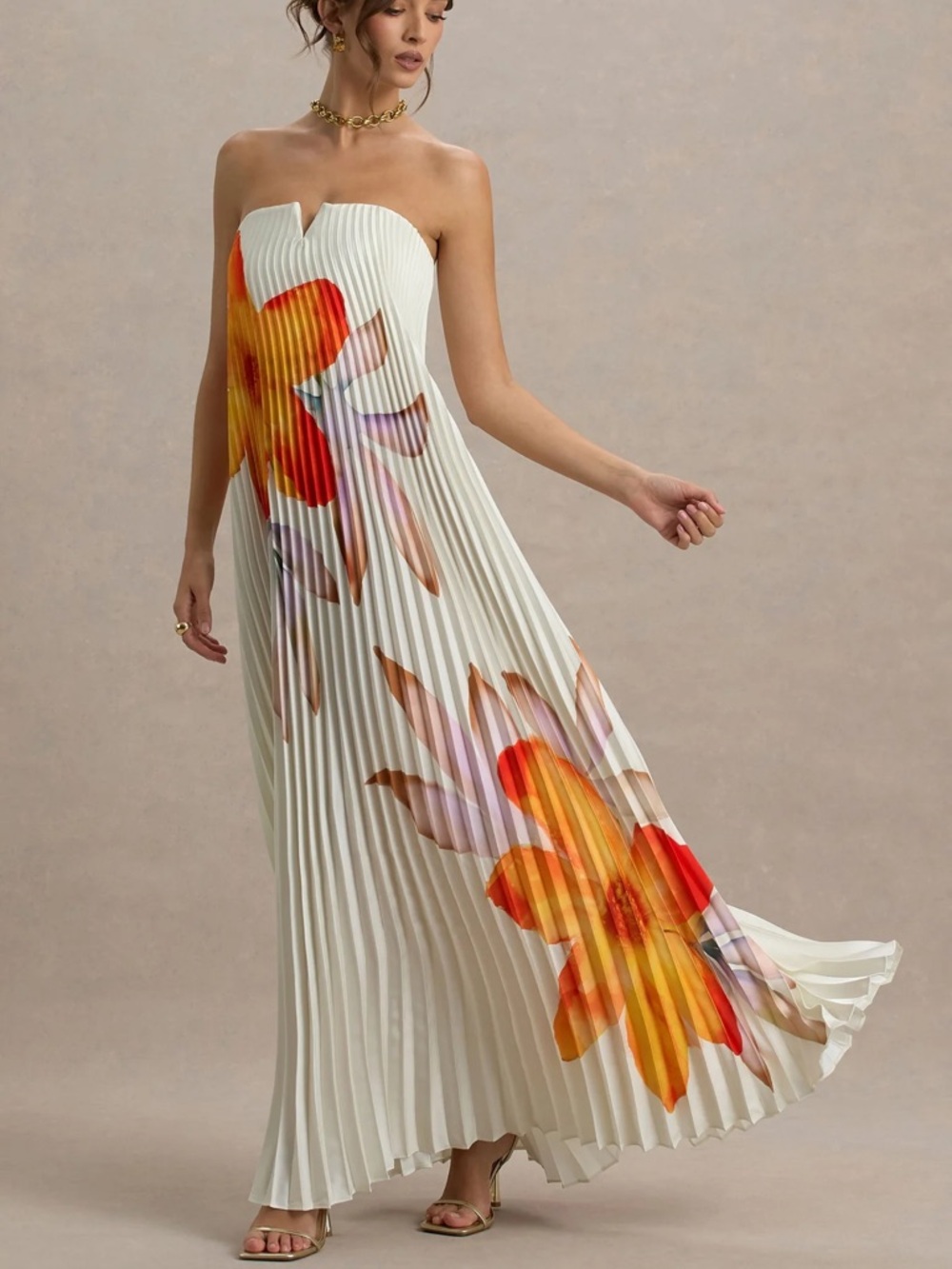 Strapless Pleated Maxi Dress with Orange Floral Print - White